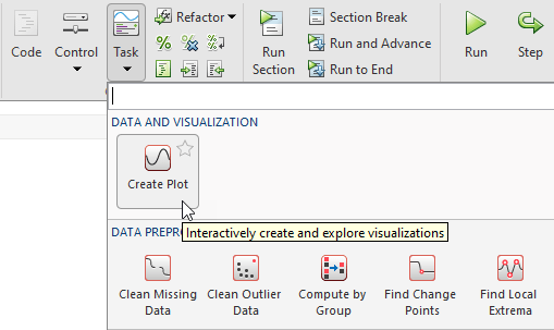 Image shows the mouse cursor hovering over the Create Plot Live Task option in the Tasks menu