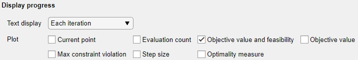 Iterative display and Objective value and feasibility plot function