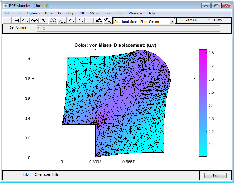 von Mises stress values in color plotted over the deformed mesh