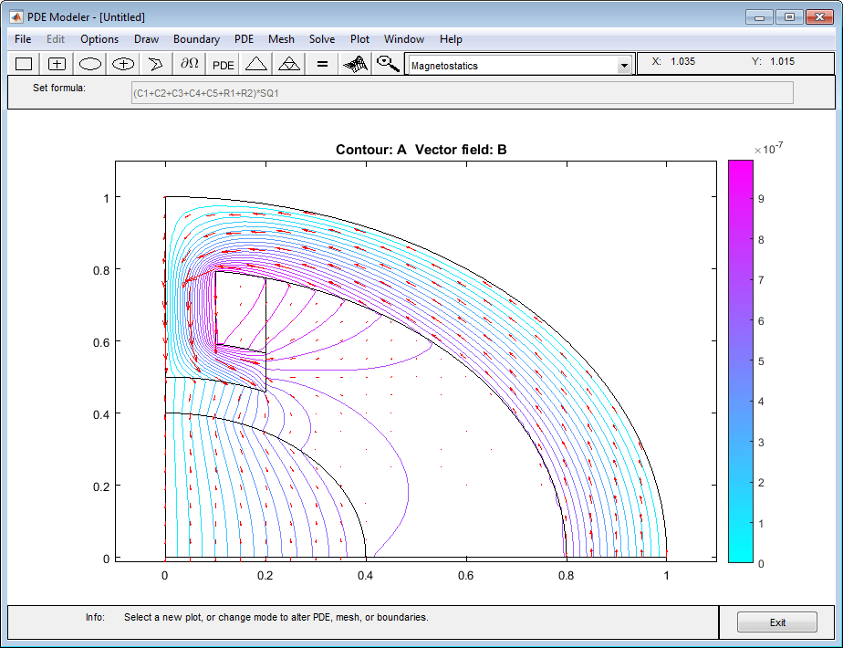 Magnetic potential plot in color with the equipotential lines as contours and the magnetic field as arrows