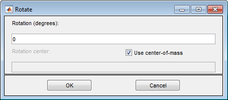 Dialog box with a field for specifying the rotation angle in degrees and with a checkbox for using the center of mass as the rotation center