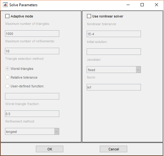 Dialog box for specifying the solver parameters for elliptic equations