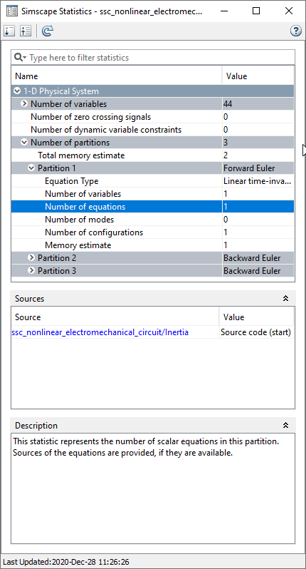 Statistics Viewer showing the equation link for the first partition