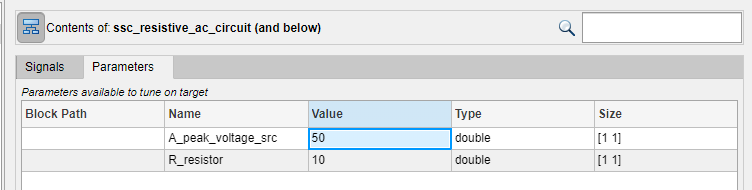 Parameters tab showing the updated value of 50 for A_peak_voltage_src.