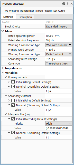 Property Inspector window showing local nominal values.