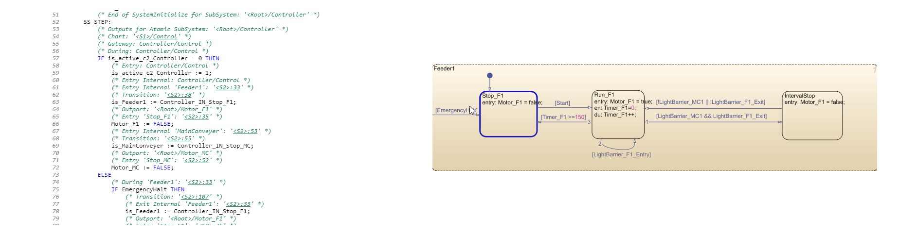 Click on the hyperlink to highlight the associated state in the Stateflow chart.