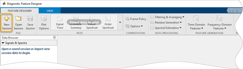 The New Session button is the leftmost item in the Feature Designer tab.