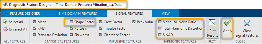 Signal Features tab, with Select All and Unselect All buttons on the left. The next three tab sections are, from left to right, statistical features, impulsive features, and harmonic features. The rightmost two sections contain the plot and close buttons. The Shape Factor option is cleared in the statistical features section. The harmonic feature options are all cleared.