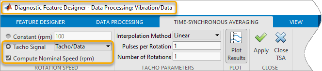 The Tacho Signal selection and the Compute Nominal Speed option are the second and third items on the left.