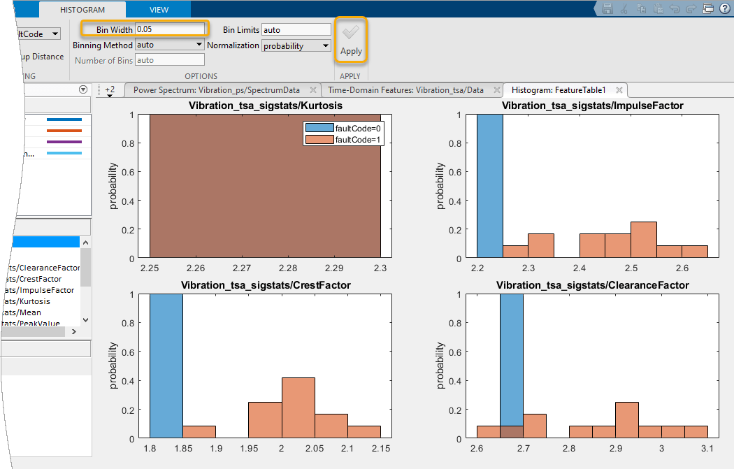 The Options and Apply sections of the histogram are shown at the top. Bin Width is at the top of the left column of the Options section. The Apply button is on the right. The histograms are below the tab.