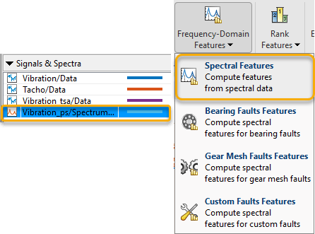 Signals & Spectra pane with the Vibration-ps/SpectrumData signal selected on the left, and Frequency-Domain Features list on the right. Spectral Features is the first option on the list.