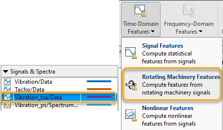 Signals & Spectra pane with the Vibration-tsa signal selected on the left, and Time-Domain Features list on the right. Rotating Machinery Features is the second option on the list