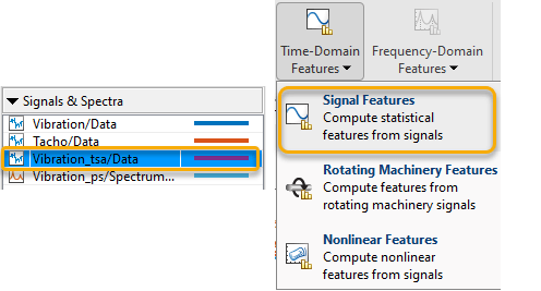 Signals & Spectra pane with the Vibration-tsa signal selected on the left, and Time-Domain Features list on the right. Signal Features is the first option on the list