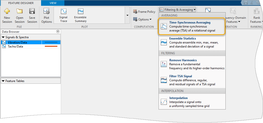 The signal Vibration/Data is selected in the column on the left. Time-Synchronous Averaging is the top option in the column on the right.