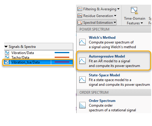 Signals & Spectra pane with the Vibration-tsa signal selected on the left, and Spectral Estimation list on the right. The Autoregressive model is the second option on the list.