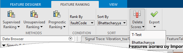 The Delete Scores button is the second from the right. The list beneath it includes T-Test and Bhattacharyya.