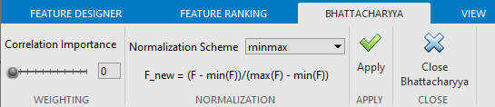 The Bhattacharyya tab contains, from left to right, Correlation Importance, Normalization Scheme, Apply, and Close.