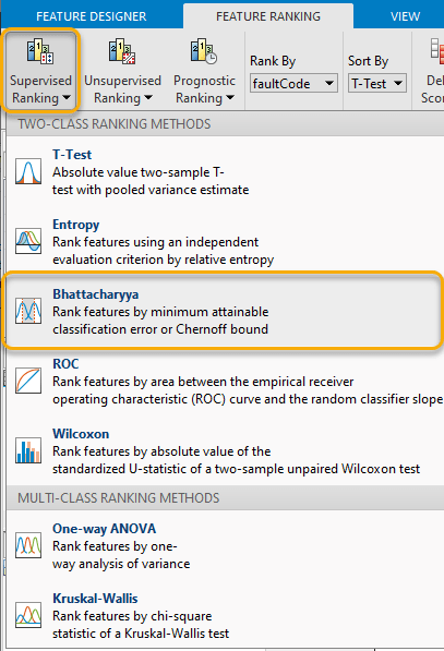 The Supervised Ranking button is the first item in the row on the top. In the list of ranking methods beneath the top row, Bhattacharyya is the third item.