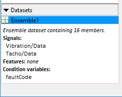 The Datasets area displays the number of members in the data set, the signals, the features, and the condition variables.