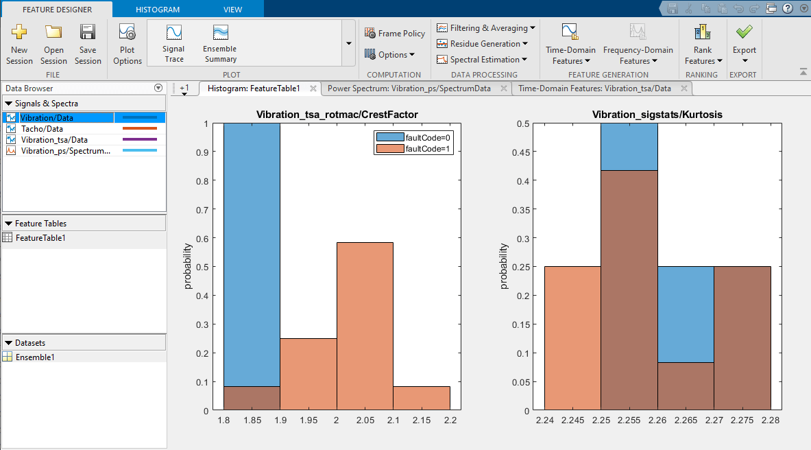 Histogram displayed in the app that shows CrestFactor on the left and Kurtosis on the right.