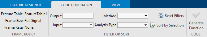 Generate Function for Features dialog box that lets you specify the Feature Table name, the ranking algorithm, and the number of top features.