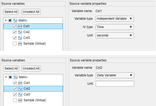 Matrix variable assignments. Col1 is on the top. The properties display on the right contains "Independent Variable" for variable type. Col2 is on the bottom. The variable type on the right is "Data Variable".