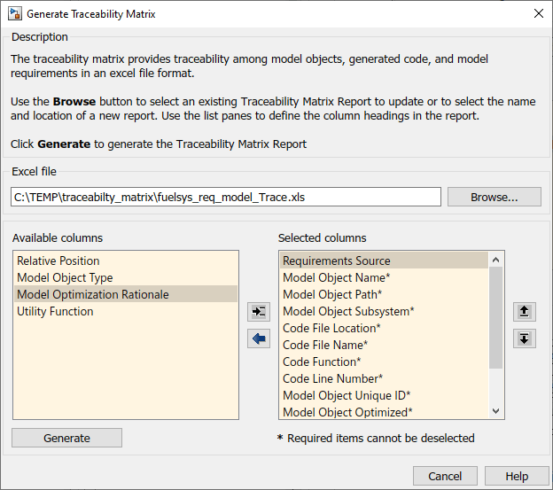 Generate traceability matrix dialog box