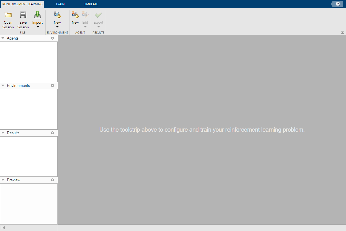 Initial Reinforcement Learning Designer window. The left panes show no loaded Agents, Environments, Results, or Previews