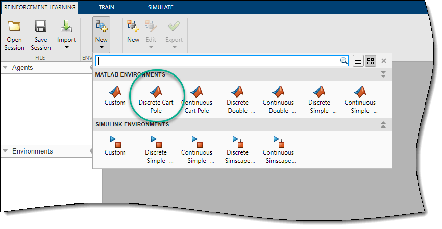 Reinforcement Learning Designer Window with expanded "New Environment" section showing the choices of environments to import