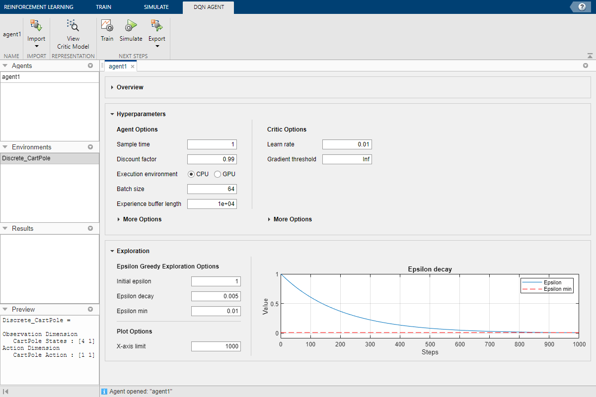 Reinforcement Learning Designer with the agent window open