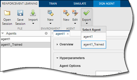 Reinforcement Learning Designer window showing how to export the trained agent