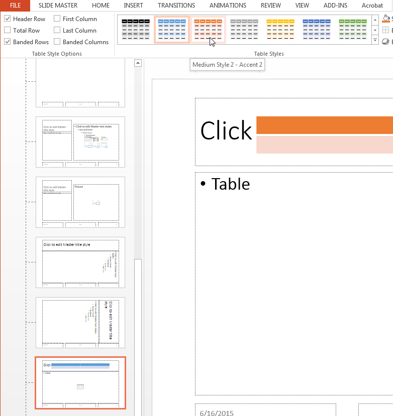 A tooltip "Medium Style 2 - Accent 2" identifies the third table style in the panel of table styles.