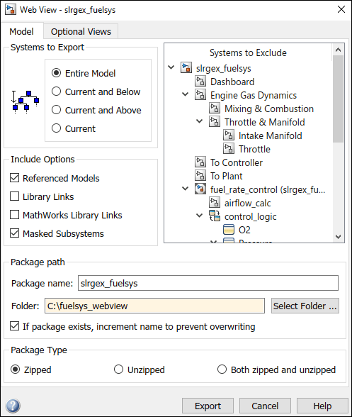 Web view dialog box for the slrgex_fuelsys model showing the options for this example.