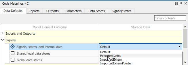 Code Mappings editor with Data Defaults tab selected, Signals tree node expanded, and storage class for Signals, states, and internal data set to ExportedGlobal.