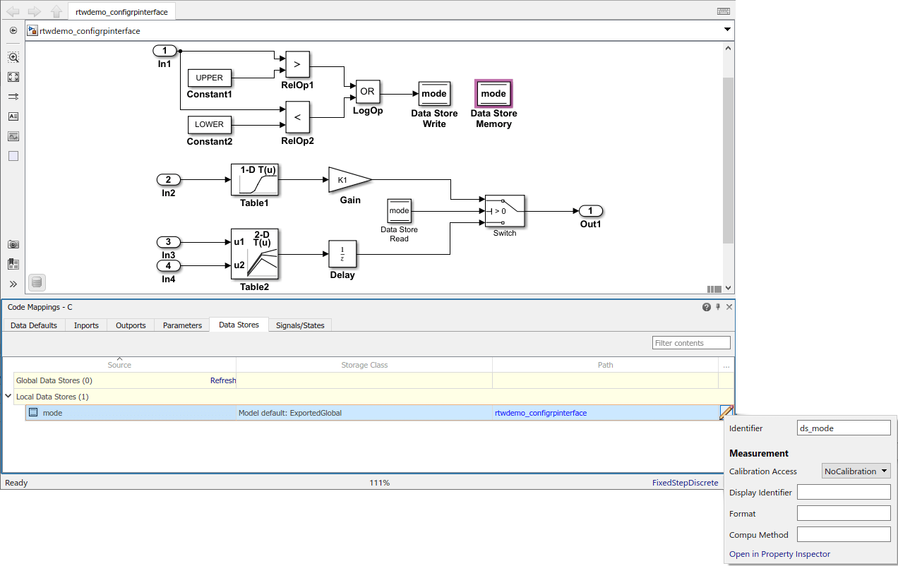 Code Mappings editor with Data Stores tab selected, Shared Local Data Stores tree node expanded, and storage class for data store mode set to Model default: ExportedGlobal. Mapping Inspector shows Identifier property for data store mode set to ds_mode.