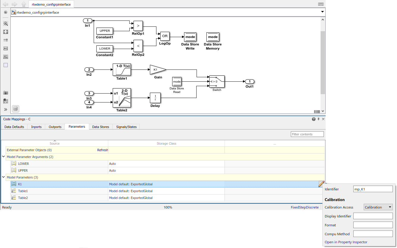 Code Mappings editor with Parameters tab selected, Model parameters tree node expanded, and storage class for parameters K1, Table1, and Table2 set to Model default: ConstVolatile. Mapping Inspector shows Identifier property for parameter Table2 set to mp_Table2D.