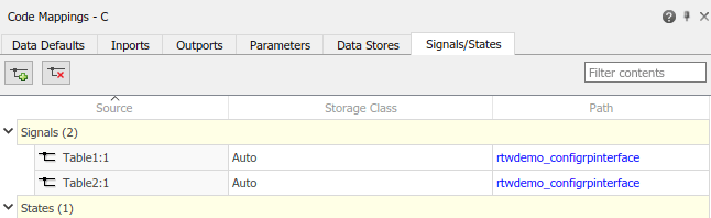 Code Mappings editor with Signals/States tab selected and Signals tree node expanded, listing signals Table1:1 and Table2:1.