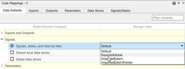 Code Mappings editor with Data Defaults tab selected, Signals tree node expanded, and storage class for Signals, states, and internal data set to ExportedGlobal.