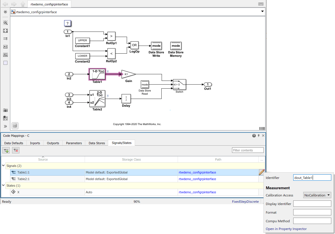 Code Mappings editor with Signals/States tab selected, Signals tree node expanded, and storage class for signals Table1:1 and Table2:1 set to Model default: ExportedGlobal. Mapping Inspector shows Identifer property for signal Table1:1 set to dout_Table1.