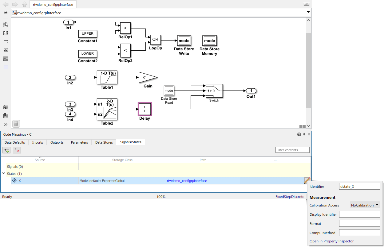 Code Mappings editor with Signals/States tab selected, States tree node expanded, and storage class for state X set to Model default: ExportedGlobal. Mapping Inspector shows Identifier property for state X set to dstate_X.