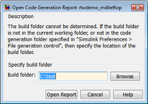 Open Code Generation Report dialog box.