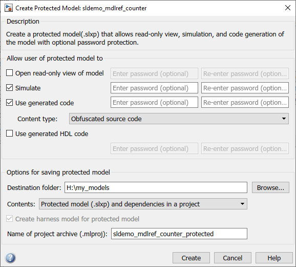 Create Protected Model dialog box.