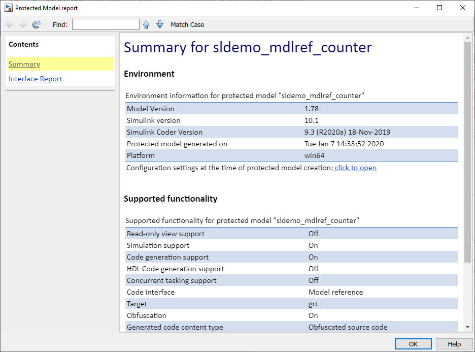 Protected Model report for sldemo_mdlref_counter.