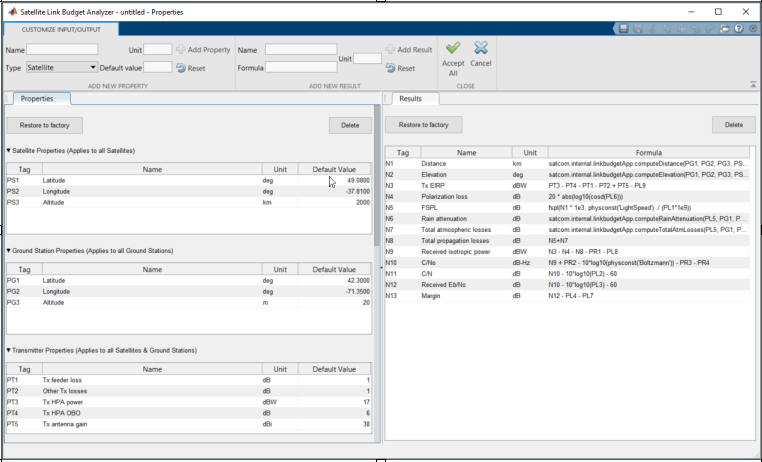 Default satellite link budget app session window, showing the customize input/output tab