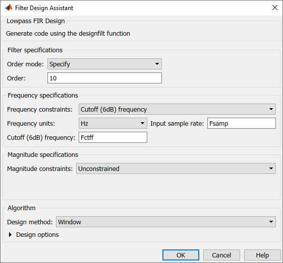 Filter Design Assistant dialog for lowpass FIR design