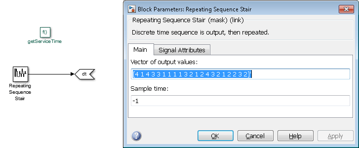 Inside the Simulink Function block including a Repeating Sequence Stair block. The Repeating Sequence Stair block window show the output values and sample time.