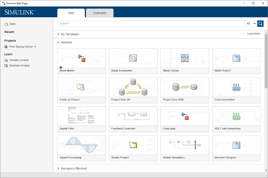 Simulink start page. The page has two tabs, New and Examples from which you can open a new template or an example to work on.