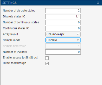 S-function builder settings with the number of discrete states set to 2, discrete states set to 1 comma 1, number of continuous states set to 0. Array layout set to column-major. Sample mode set to discrete. Sample time value is grayed out. Number of P works set to 0. Enable access to SimStruct is unchecked. Direct feedthrough is checked.