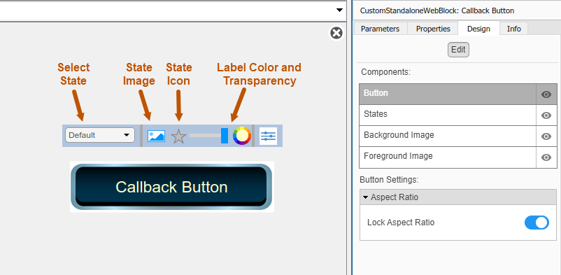 Callback Button block in design mode with the toolbar and the Design tab in the Property Inspector visible.