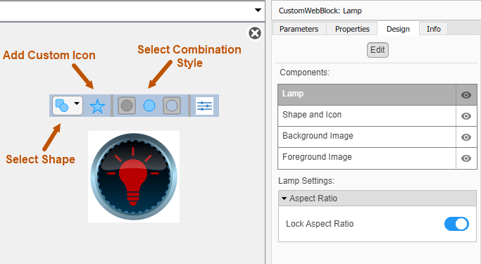 Lamp block in design mode with the toolbar and the Design tab in the Property Inspector.